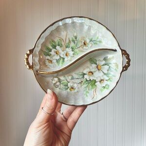 Floral Porcelain Divided Dish with Gold Trim